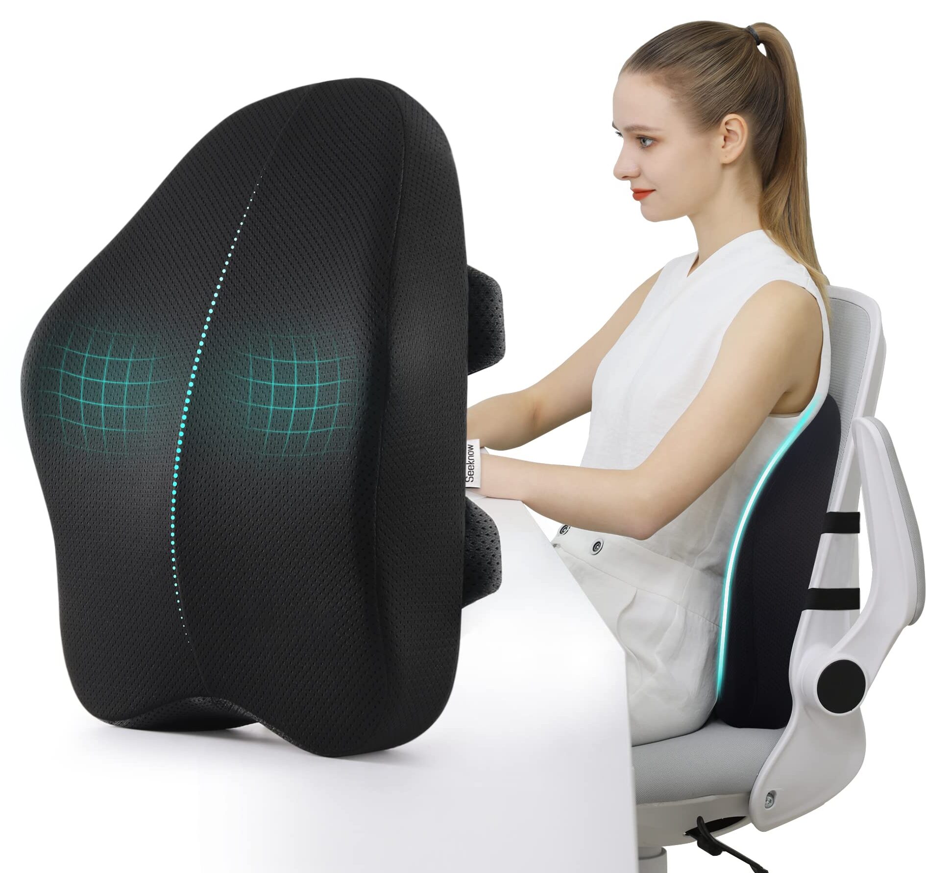 cojín lumbar para teletrabajo en silla de oficina