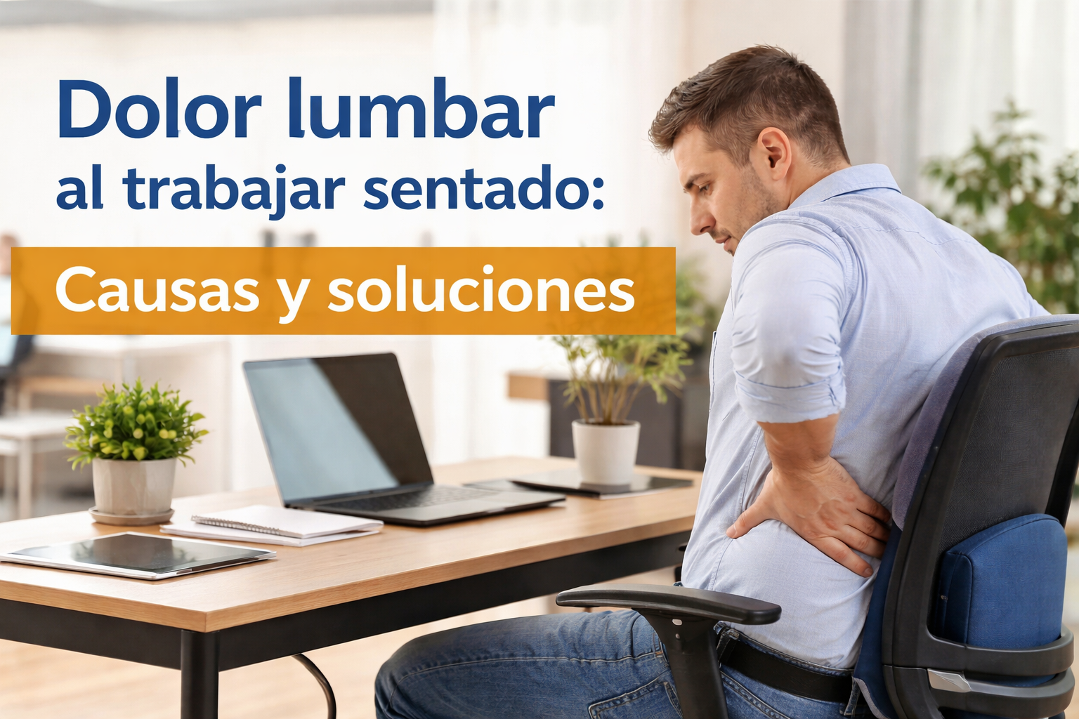 Hombre con dolor lumbar al trabajar sentado frente al ordenador