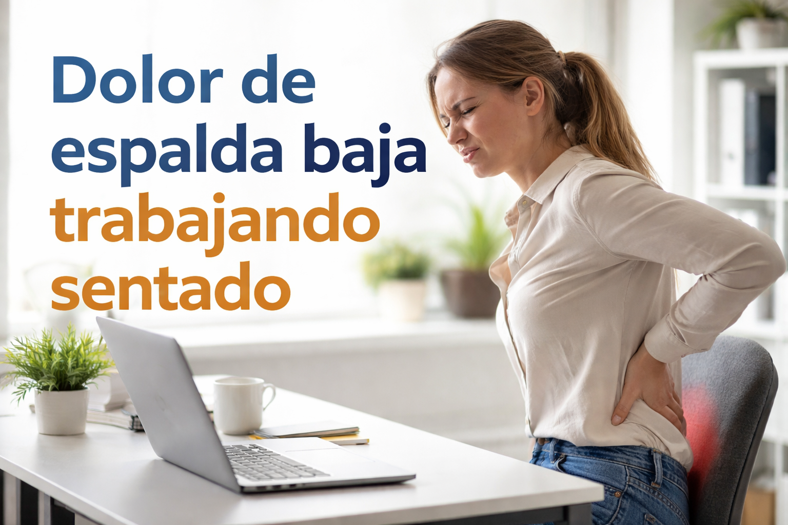 Persona trabajando sentada frente al ordenador con dolor de espalda baja