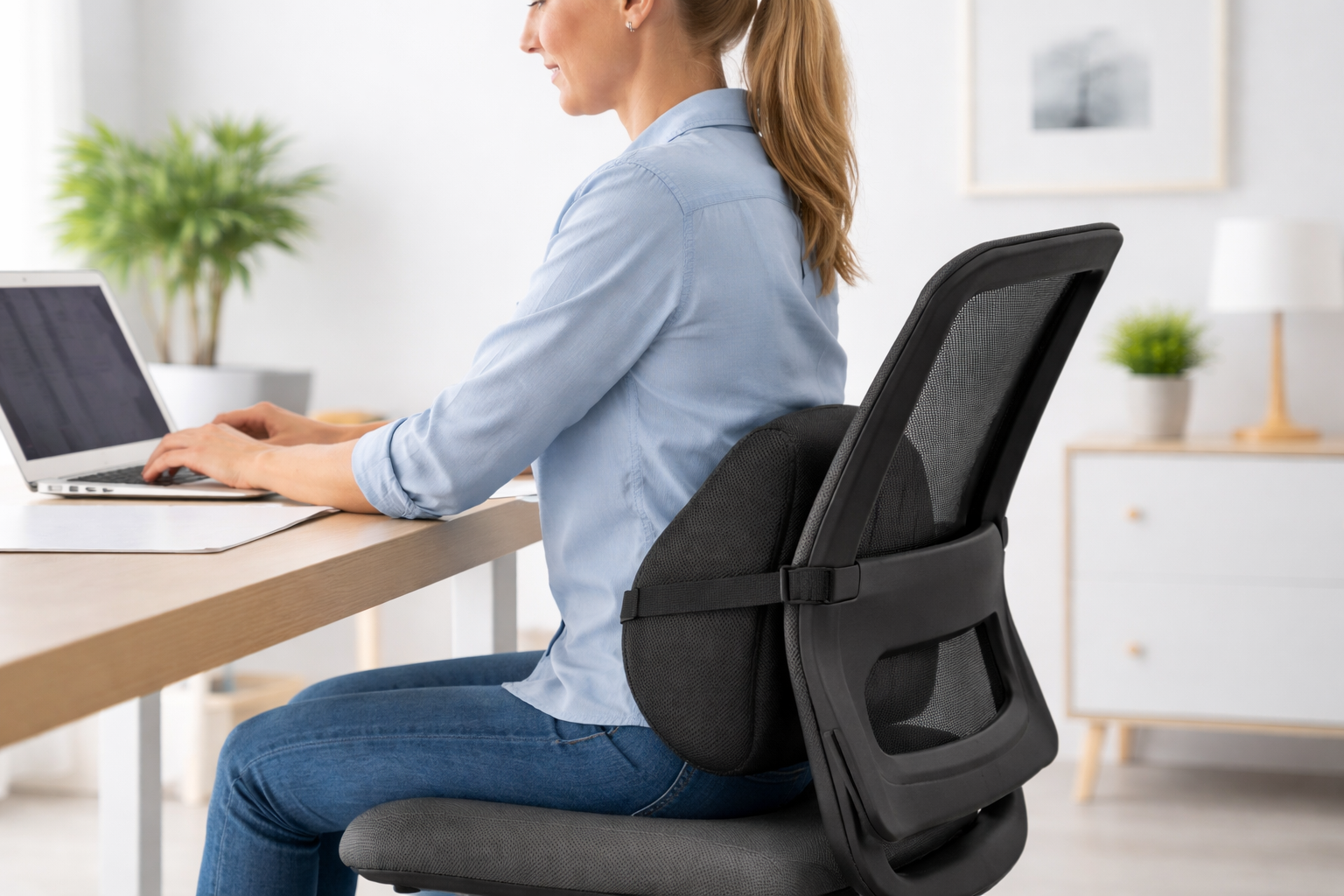 cojín lumbar para hernia discal colocado en silla de oficina