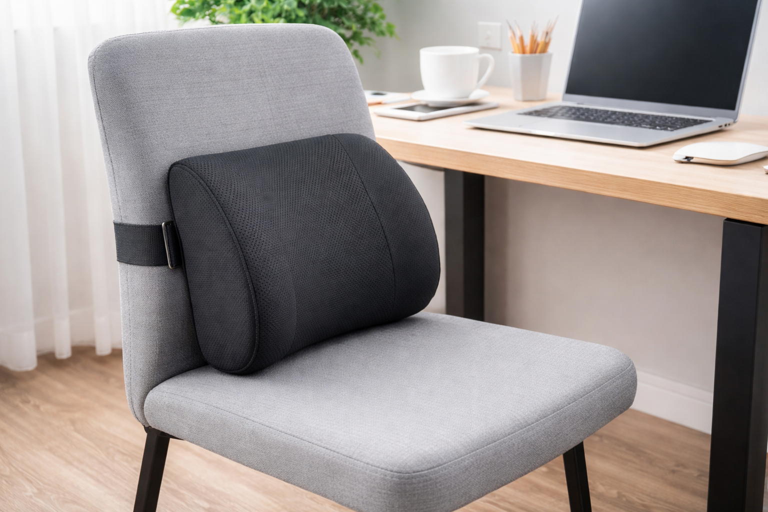 cojín lumbar para silla dura colocado en una silla de oficina para mejorar la postura