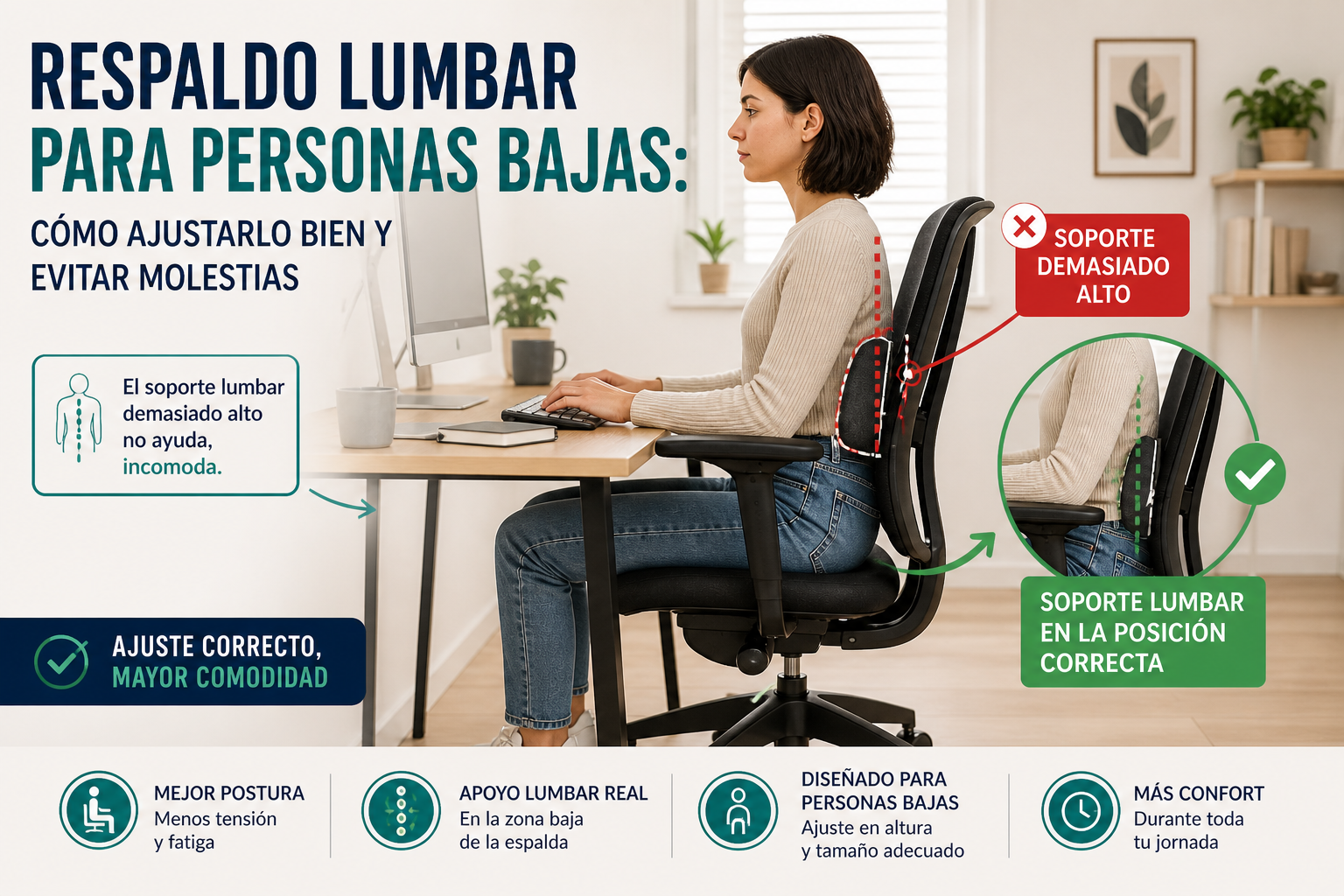 respaldo lumbar para personas bajas mal ajustado en silla de oficina