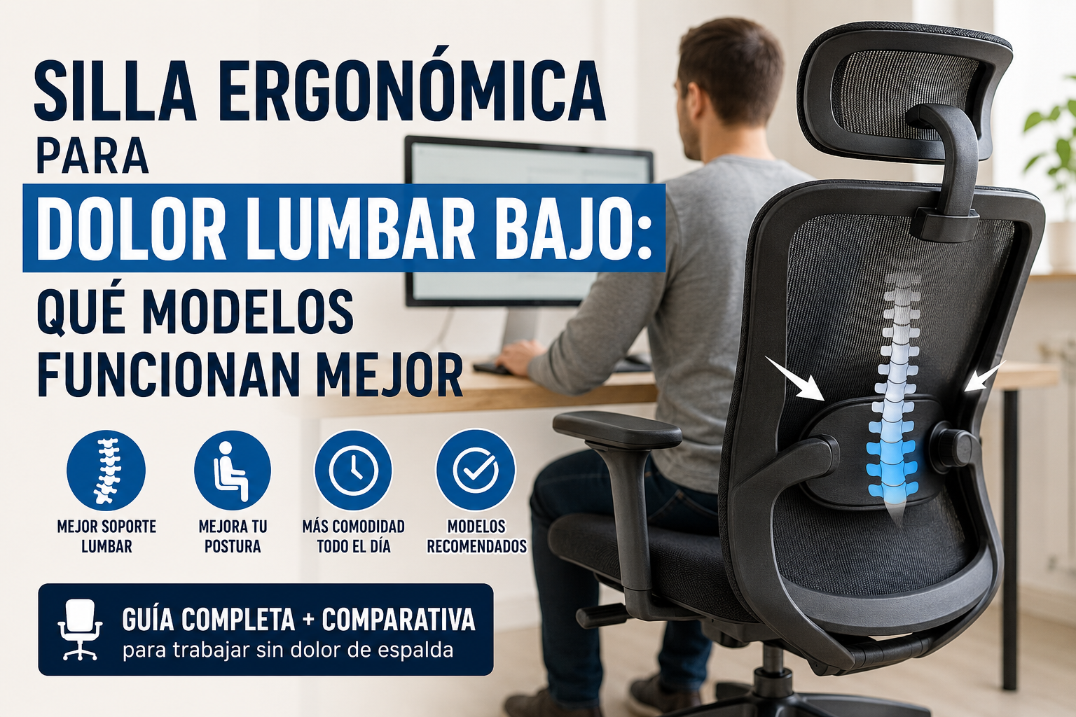 persona trabajando sentada en una silla ergonómica para dolor lumbar bajo