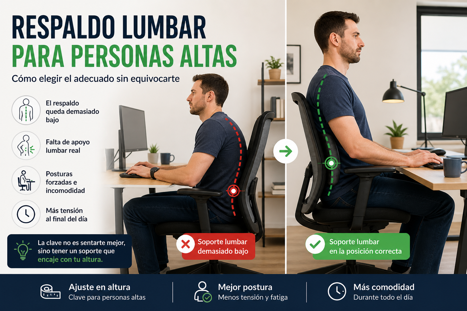 respaldo lumbar para personas altas mal ajustado en silla de oficina
